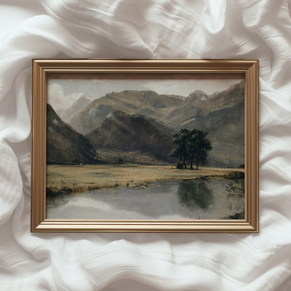 River Landscape Vintage Art Print, Rustic Mountains