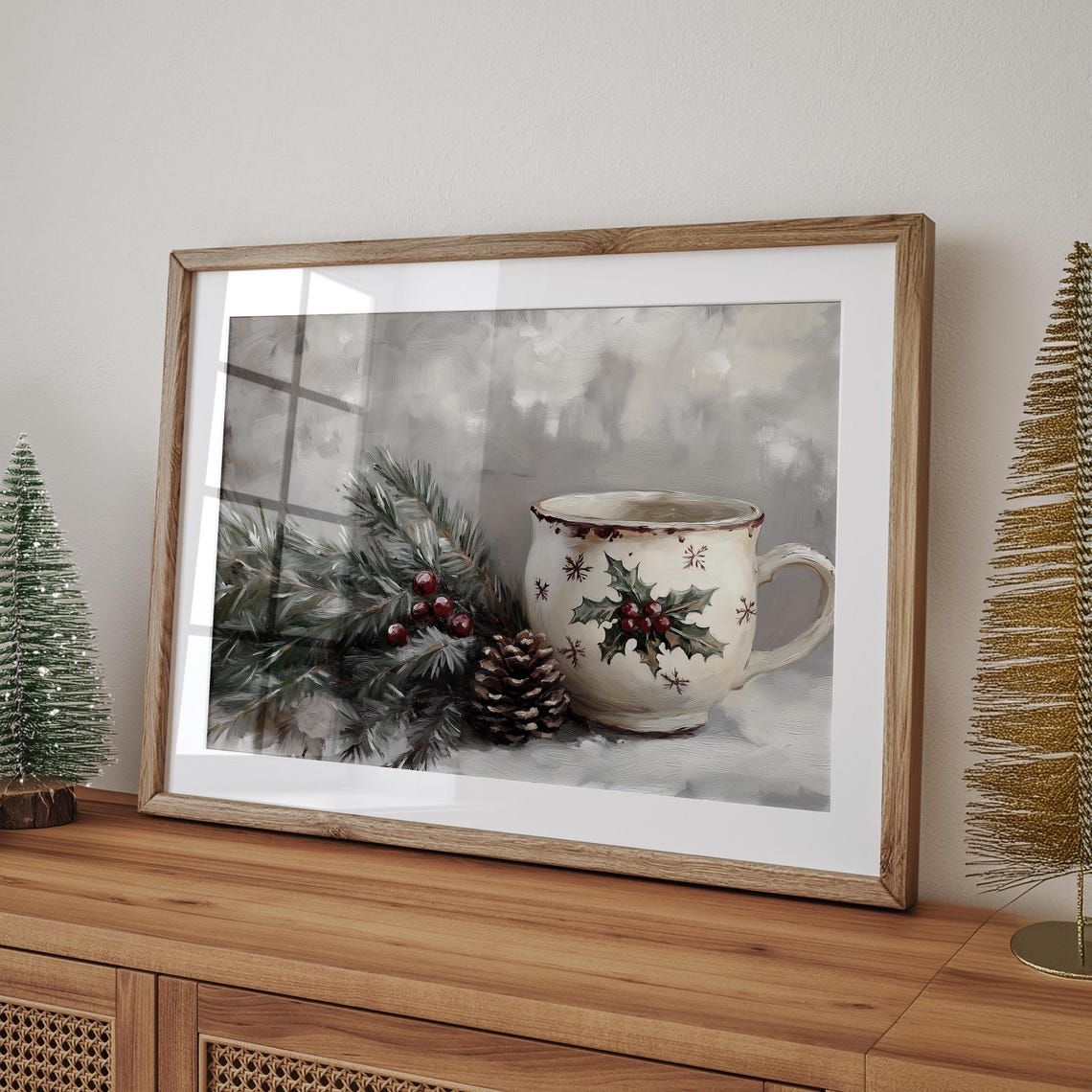 Rustic Holly Mug With Pinecones Cozy Christmas Kitchen Art Poster - Image 4