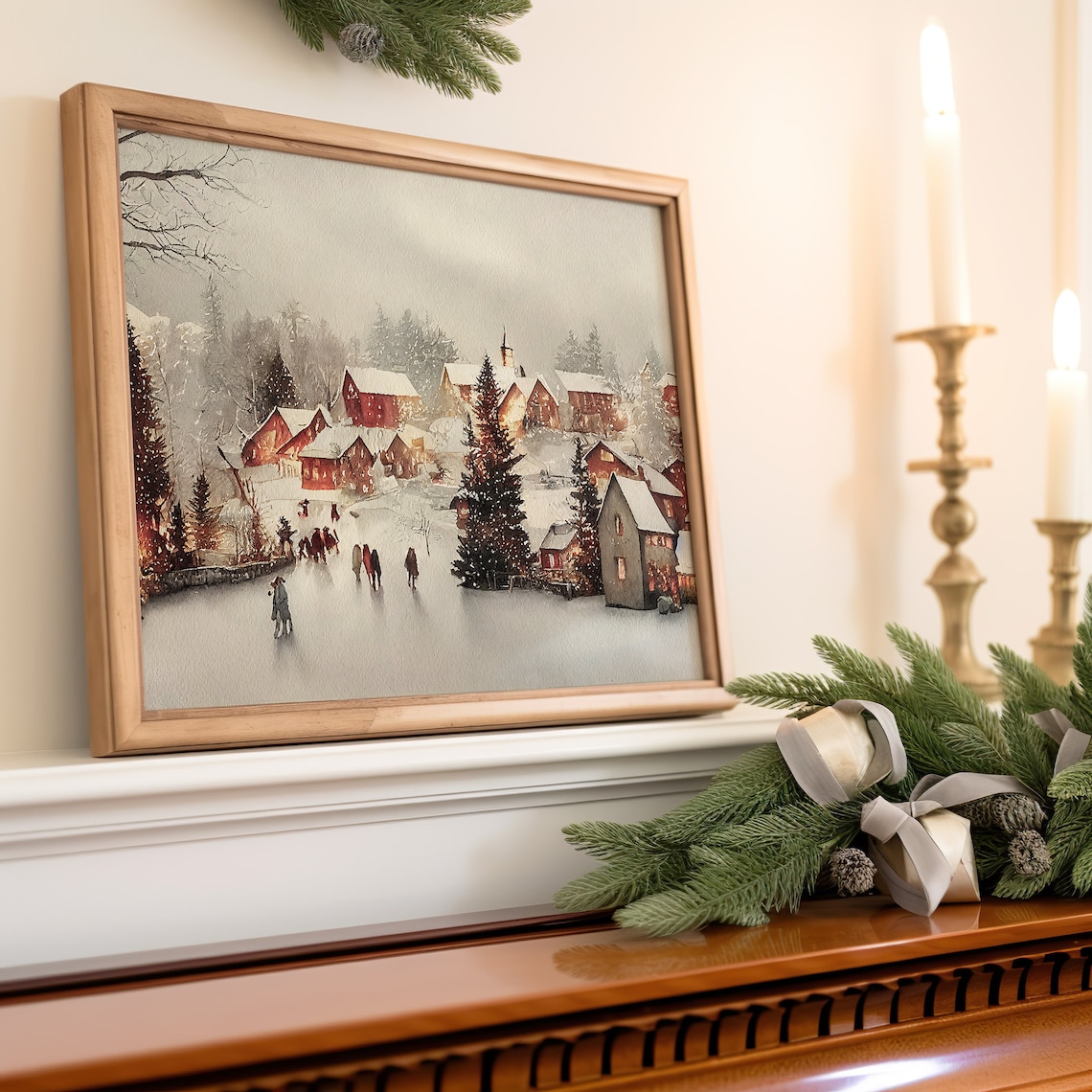 Winter Watercolor Christmas Village Art Print - Image 3