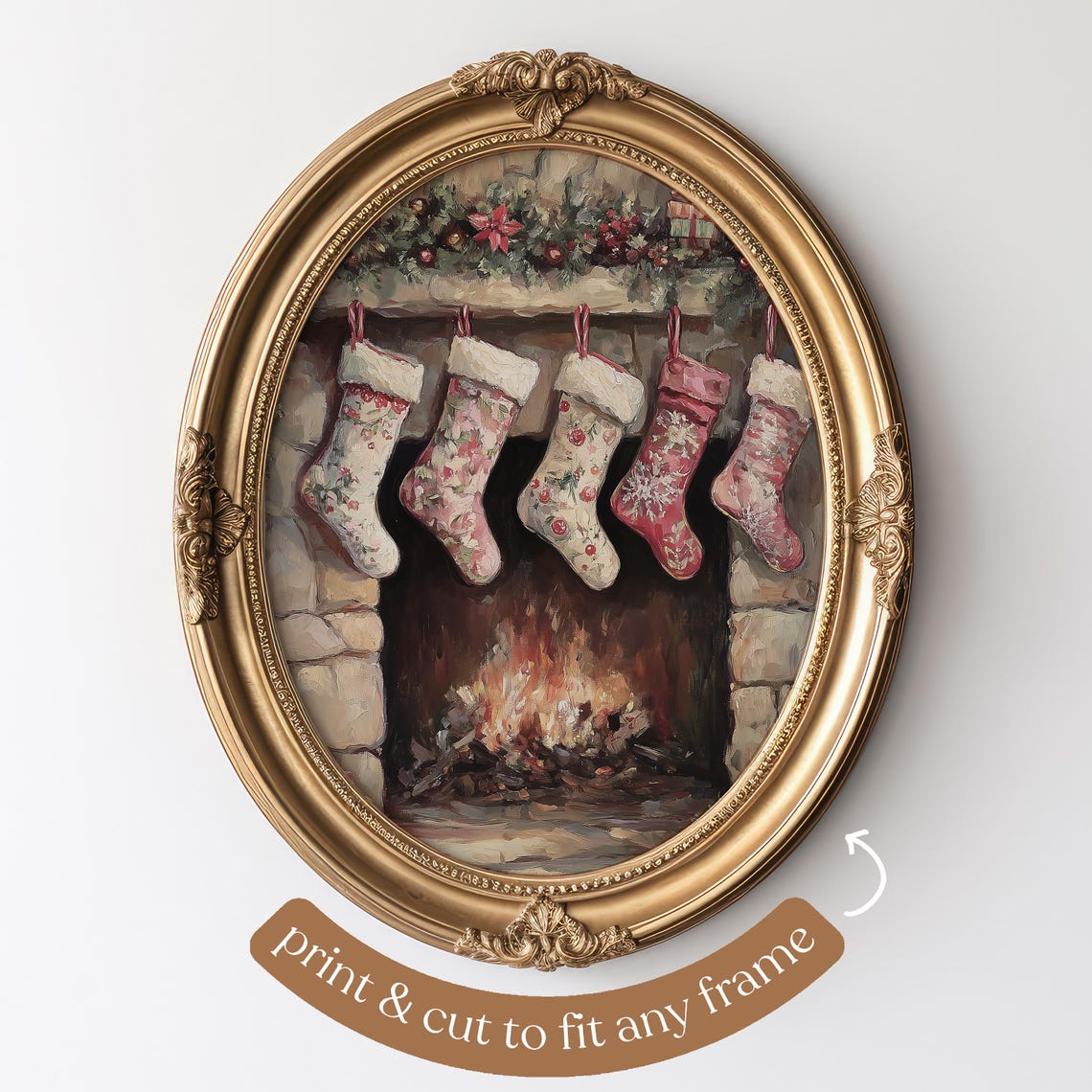 Five Patterned Christmas Stockings on Festive Fireplace Mantel Poster - Image 4