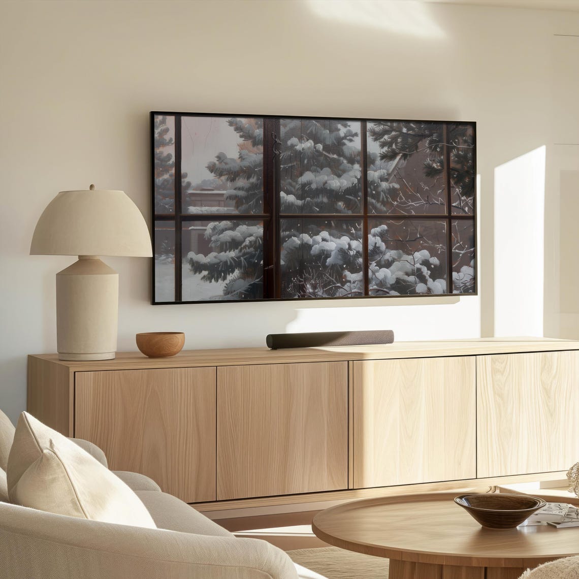 Snowy Pines Seen Through Frosted Window Panes Winter Frame TV Poster - Image 2