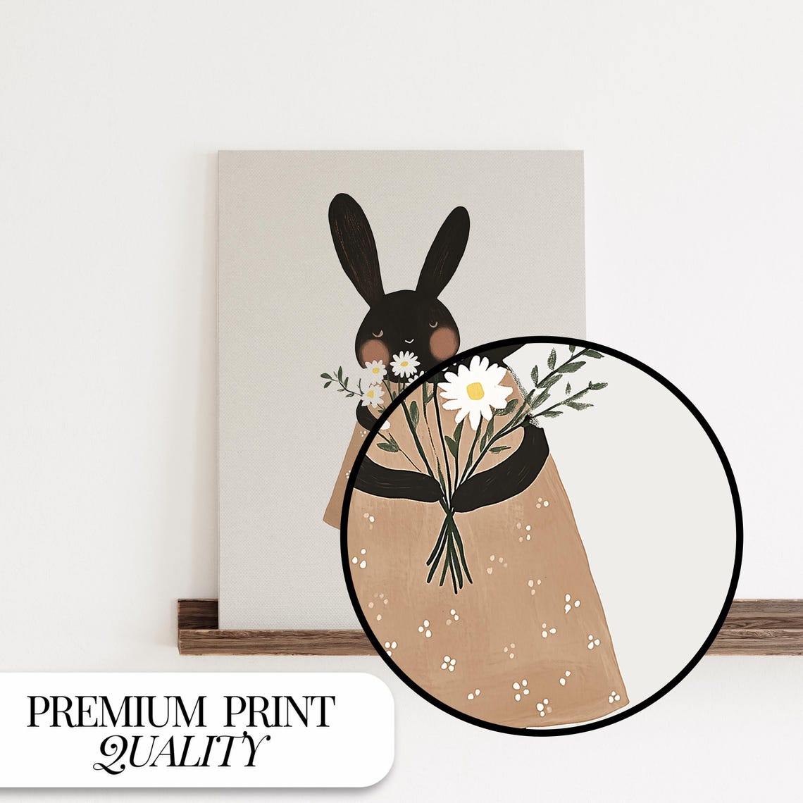 Black Bunny in Brown Dress Holding Daisy Bouquet Nursery Art Poster