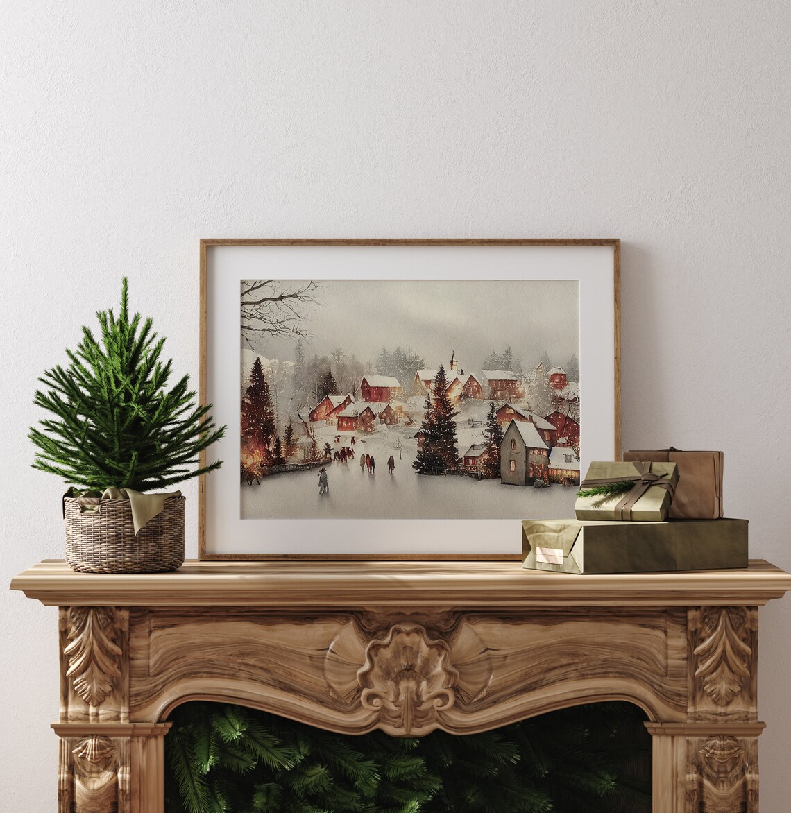 Winter Watercolor Christmas Village Art Print - Image 2