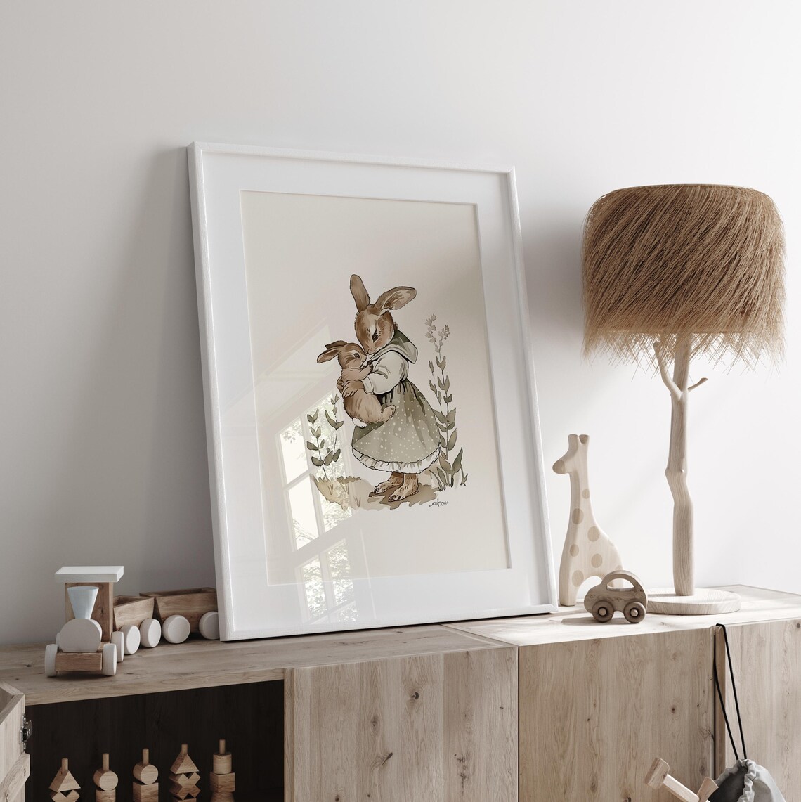 Rabbit Mom Son Vintage Neutral Nursery Art Print - Image 4