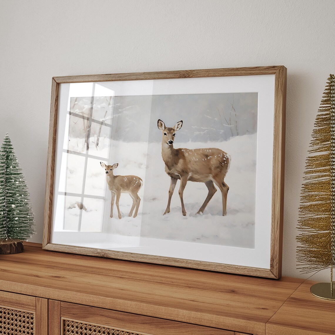 Winter Deer Snow Fawn Landscape Art Print - Image 4