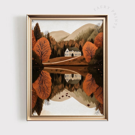 Autumn Lake Cabin Fall Foliage Mountain Reflection Landscape Poster