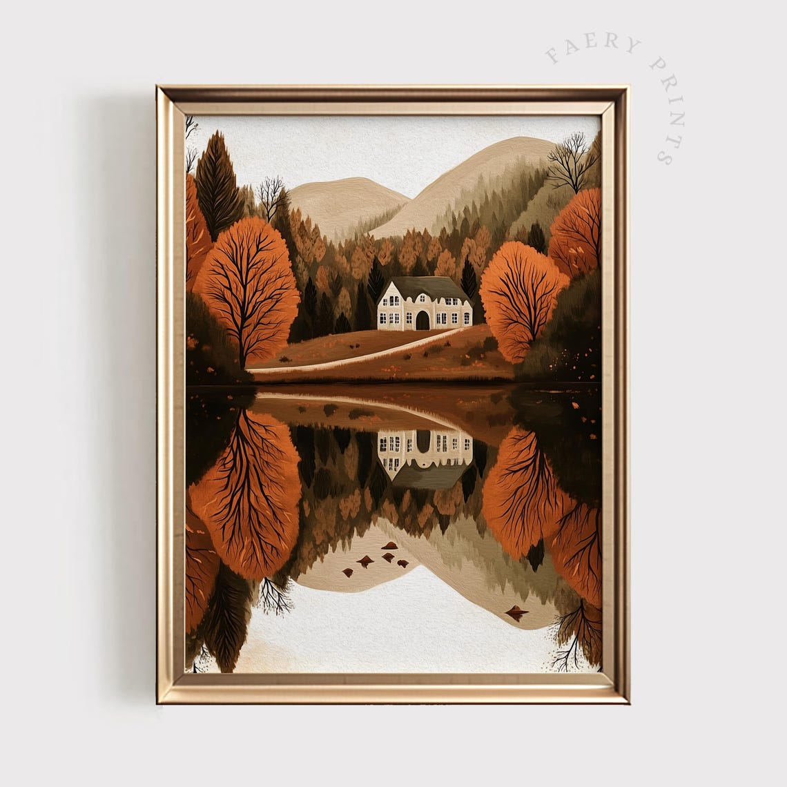 Autumn Lake Cabin Fall Foliage Mountain Reflection Landscape Poster