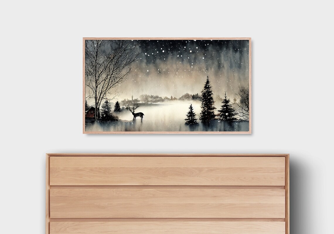 Winter Deer Watercolor Art Print, Silent Night
