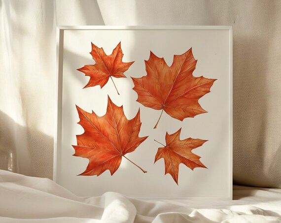 Four Burnt Orange Watercolor Maple Leaves Botanical Fall Poster