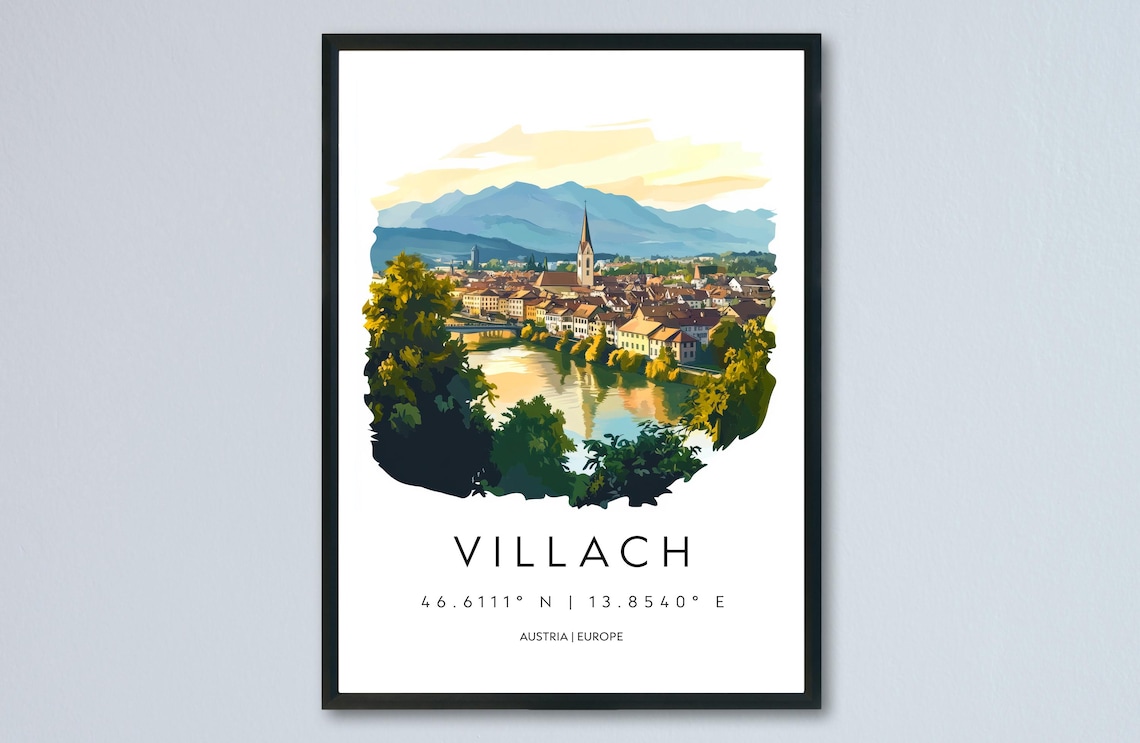 Villach Austria River Sunset Watercolor Old Town Travel Poster