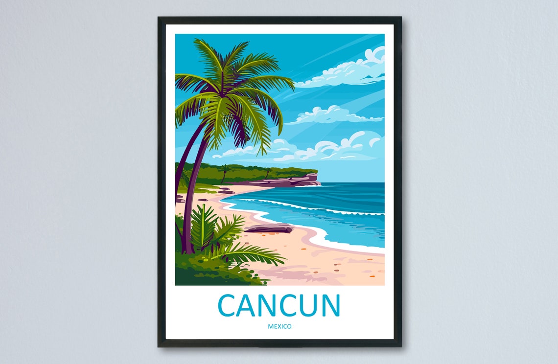 Cancun White Sand Beach Palm Trees Mexico Coast Travel Poster