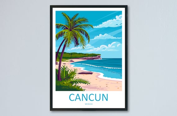 Cancun White Sand Beach Palm Trees Mexico Coast Travel Poster