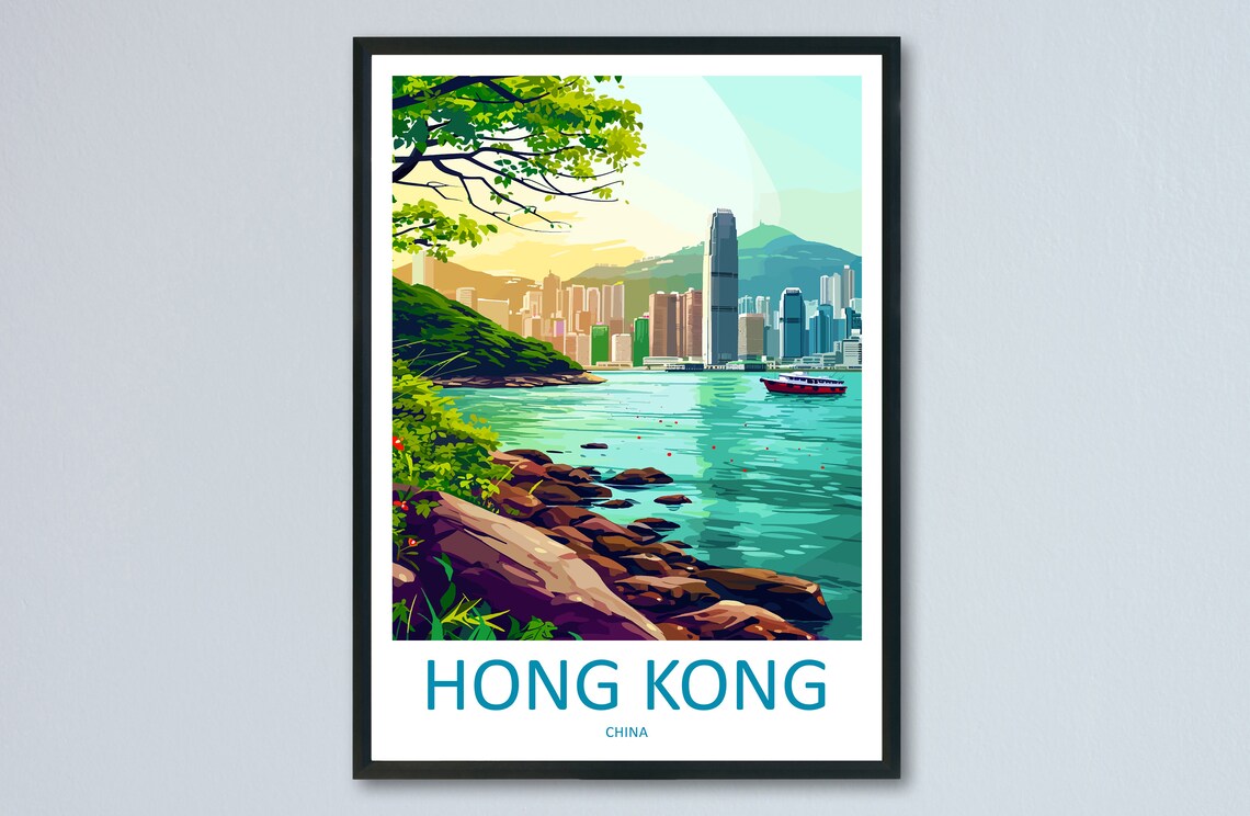 Hong Kong China Harbor Skyline Rocky Shore Morning View Poster