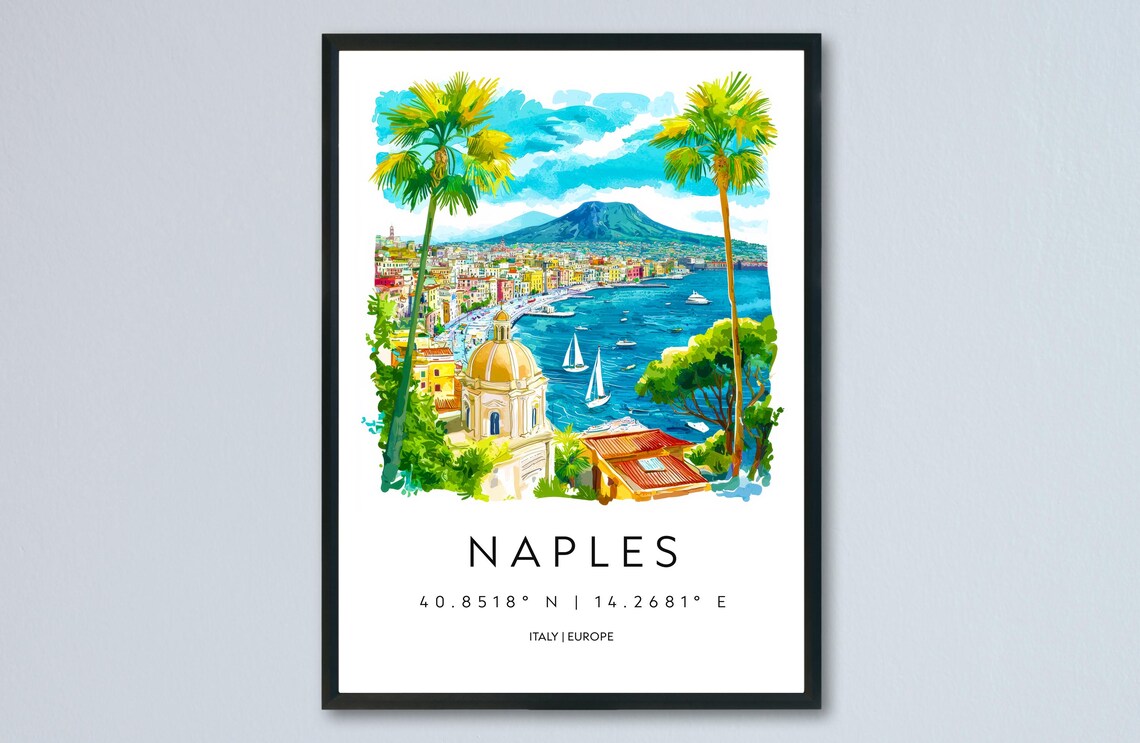 Naples Italy Bay of Naples Mount Vesuvius Watercolor Scene Poster