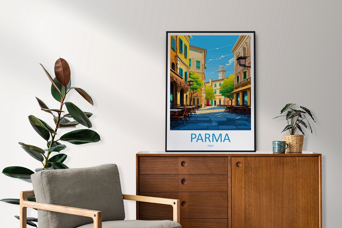 Parma Italy Sunlit Piazza with Cafes and Historic Tower Travel Poster - Image 2