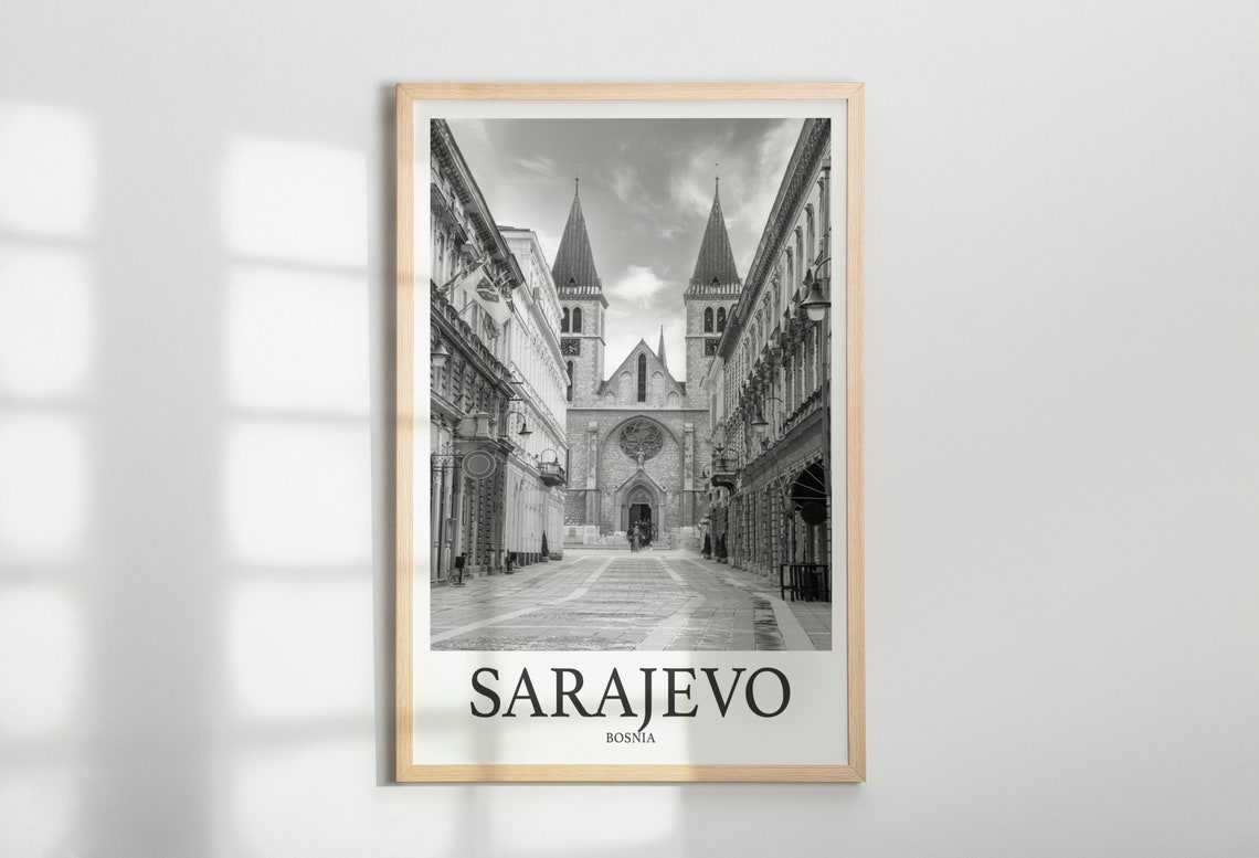 Sarajevo Bosnia Cathedral Street Black And White Photo Poster