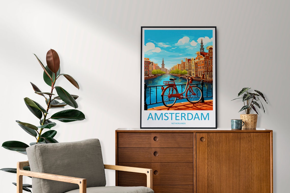 Amsterdam Canal Bridge Red Bicycle Netherlands Travel Poster - Image 2