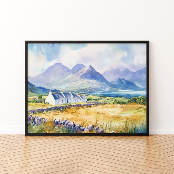 Connemara Ireland Cottage Mountain Lake Watercolor Art Poster