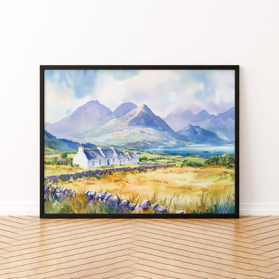 Connemara Watercolor Poster Mountain Abbey Wall Art Hanging Home Dcor Gift Lovers Ireland