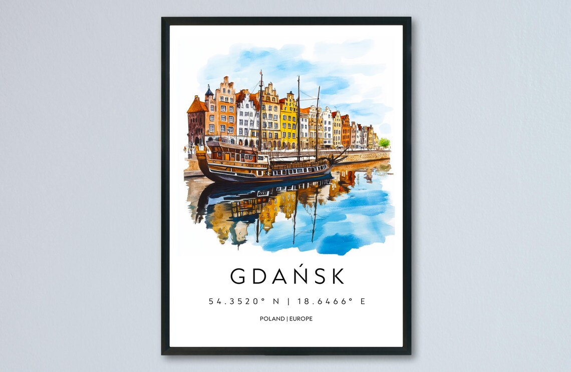 Gdansk Poland Historic Waterfront Watercolor Travel Art Poster