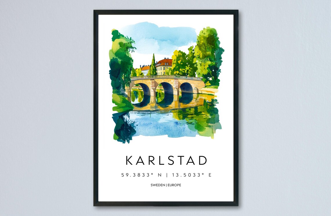 Karlstad Stone Arch Bridge Watercolor Sweden River Travel Poster