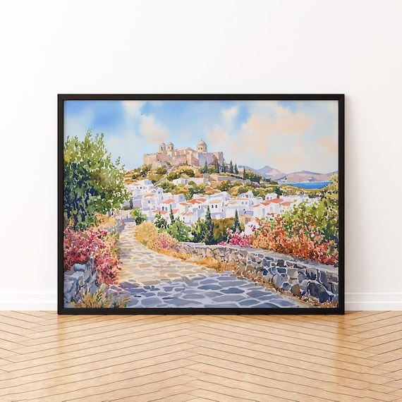 Patmos Greece Hilltop Monastery Whitewashed Town Watercolor Poster