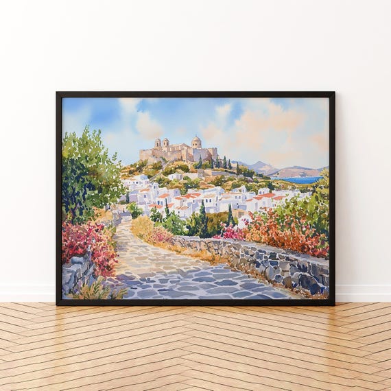 Patmos Watercolor Poster Wall Art Hanging Home Dcor Gift Lovers Greece