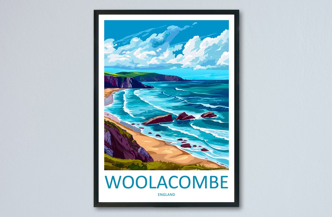 Woolacombe England Surf Beach Rolling Waves Golden Sand Travel Poster