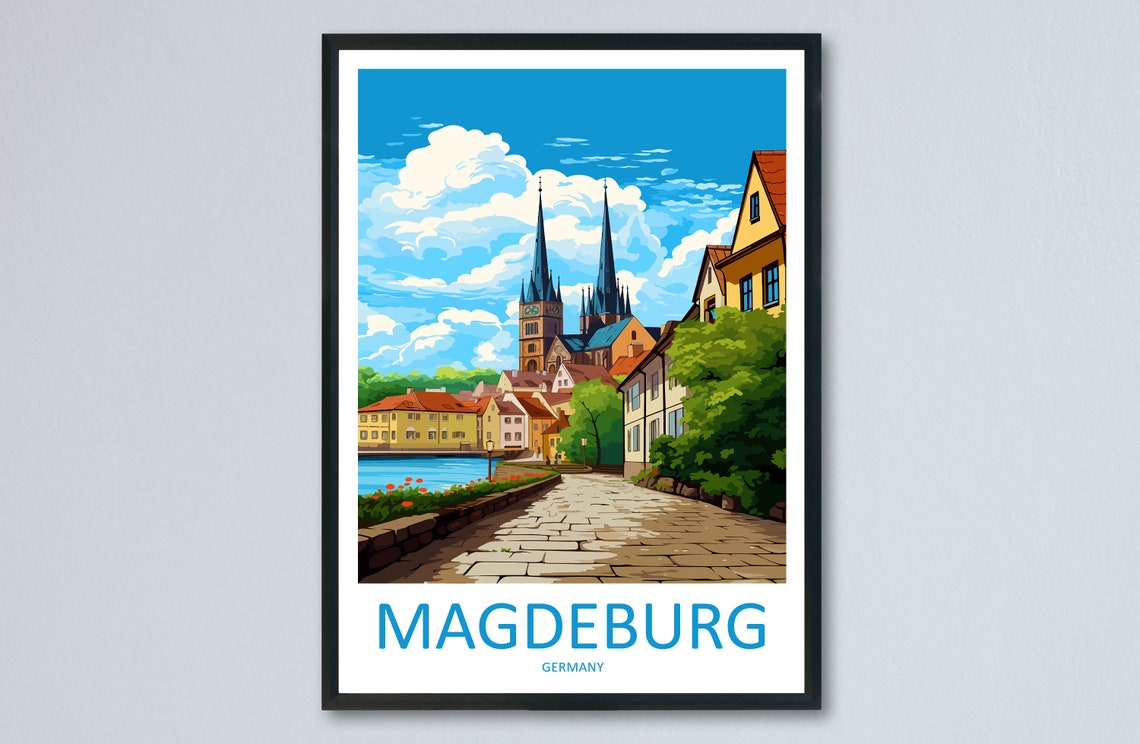 Magdeburg Germany Cobblestone Street Cathedral Towers Poster