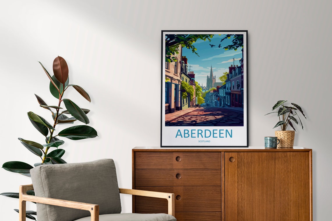 Aberdeen Scotland Church Spire Cobbled Street Evening Scene Poster - Image 2