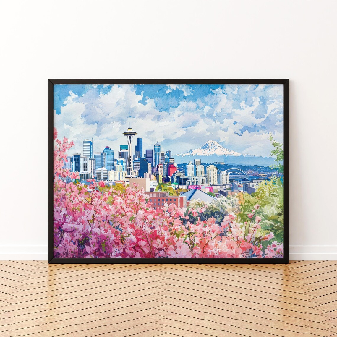Seattle Watercolor Poster, Landscape Art Print
