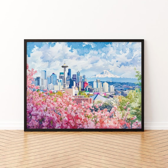 Seattle Watercolor Poster, Landscape Art Print
