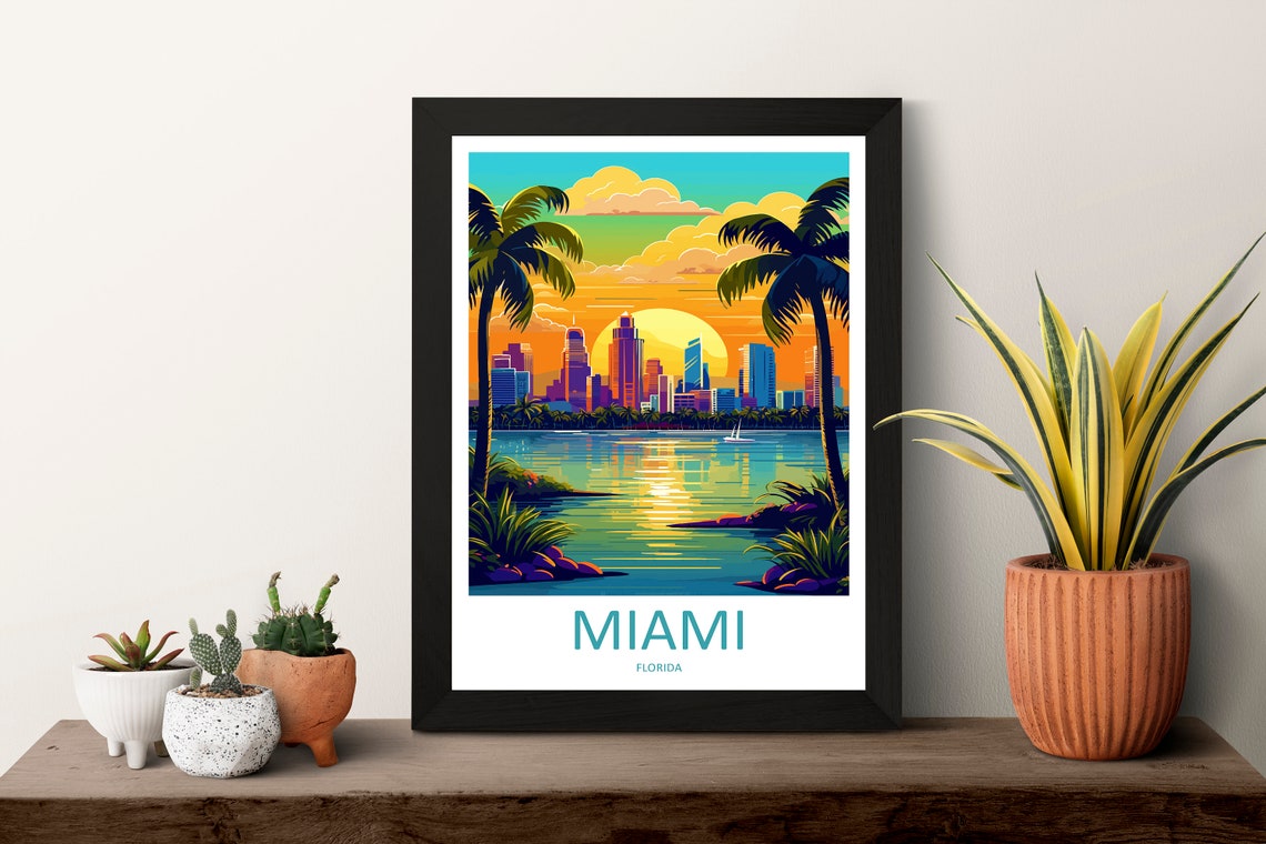 Miami Florida Sunset Skyline Palm Trees Illustrated Travel Poster - Image 3