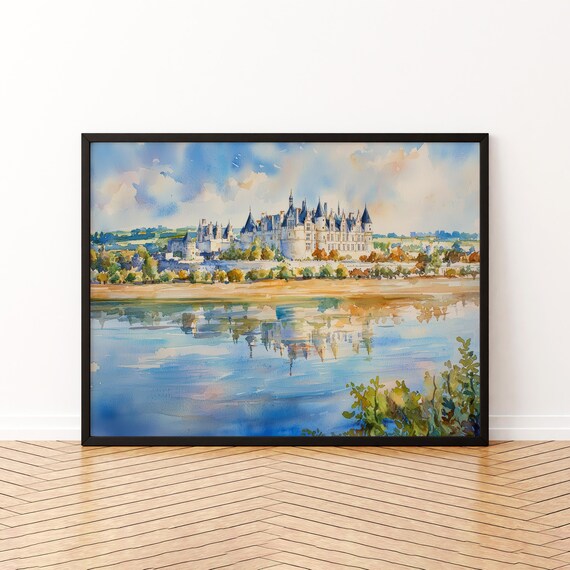 Loire Valley France Chateau Water Reflection Travel Art Poster