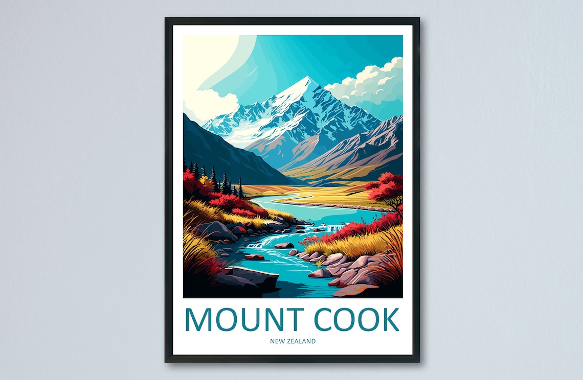 Mount Cook Travel Poster, New Zealand Wall Art