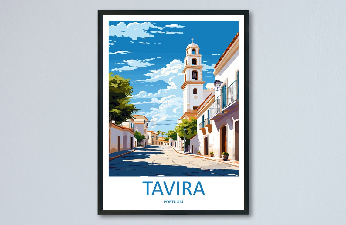Tavira Portugal Whitewashed Street Church Tower Corner Poster