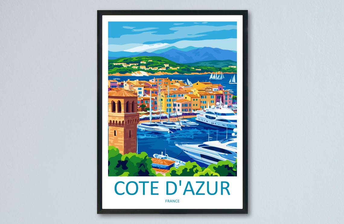 Cote D'Azur France Riviera Harbor Yachts Coastal Travel Poster