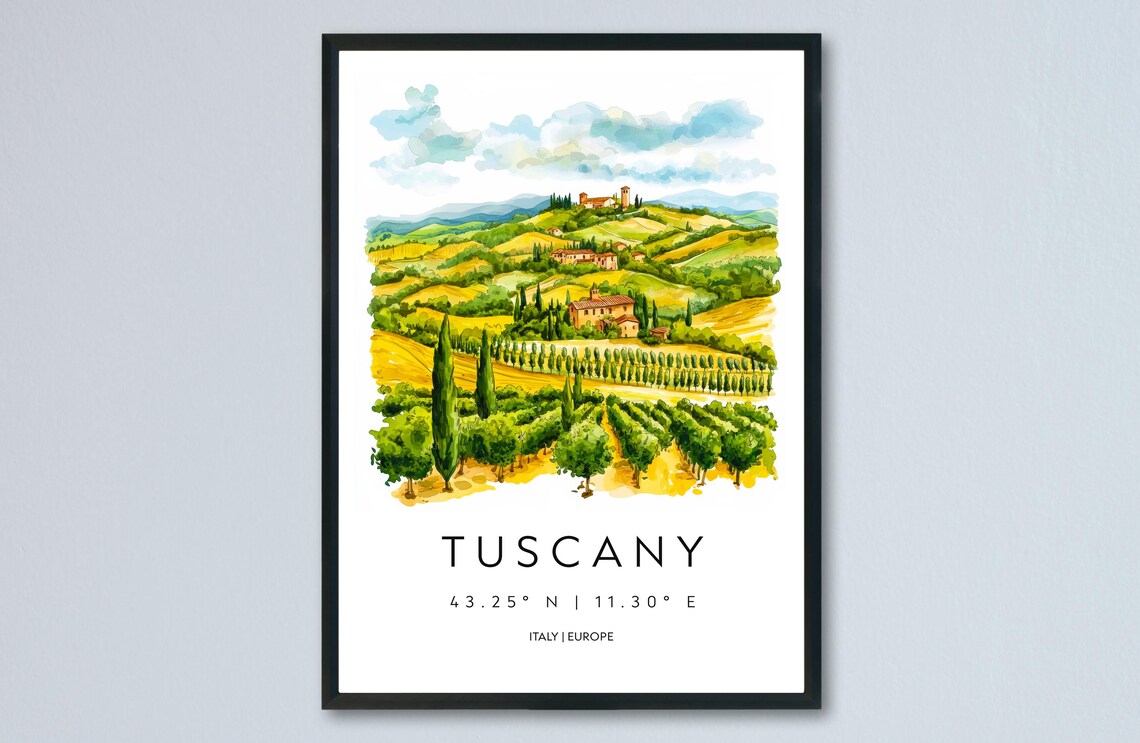Tuscany Italy Watercolor Vineyard Travel Poster With Coordinates