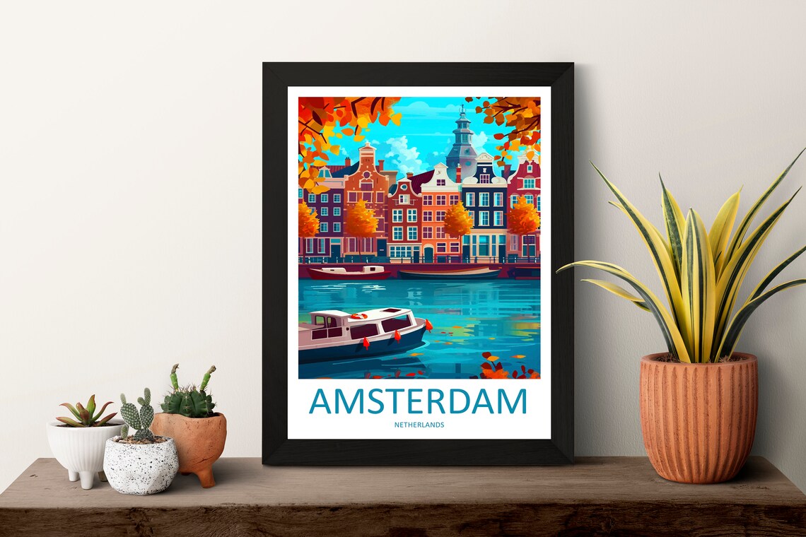 Amsterdam Netherlands Autumn Canal Boat Gabled Houses Travel Poster - Image 3