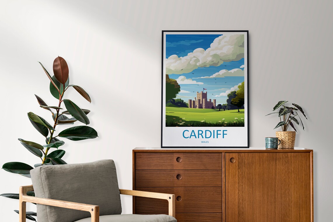 Cardiff Castle Wales Green Hillside Vintage Travel Poster Art - Image 2