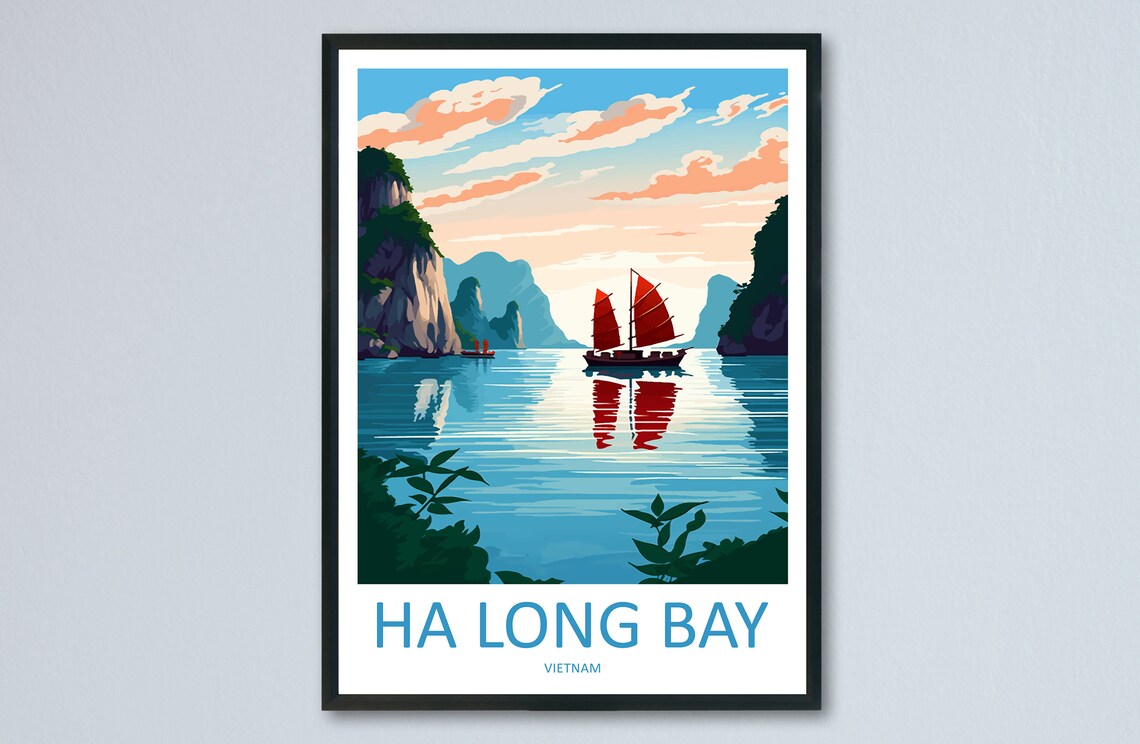 Ha Long Bay Vietnam Travel Poster with Red Junk Sailing Boat