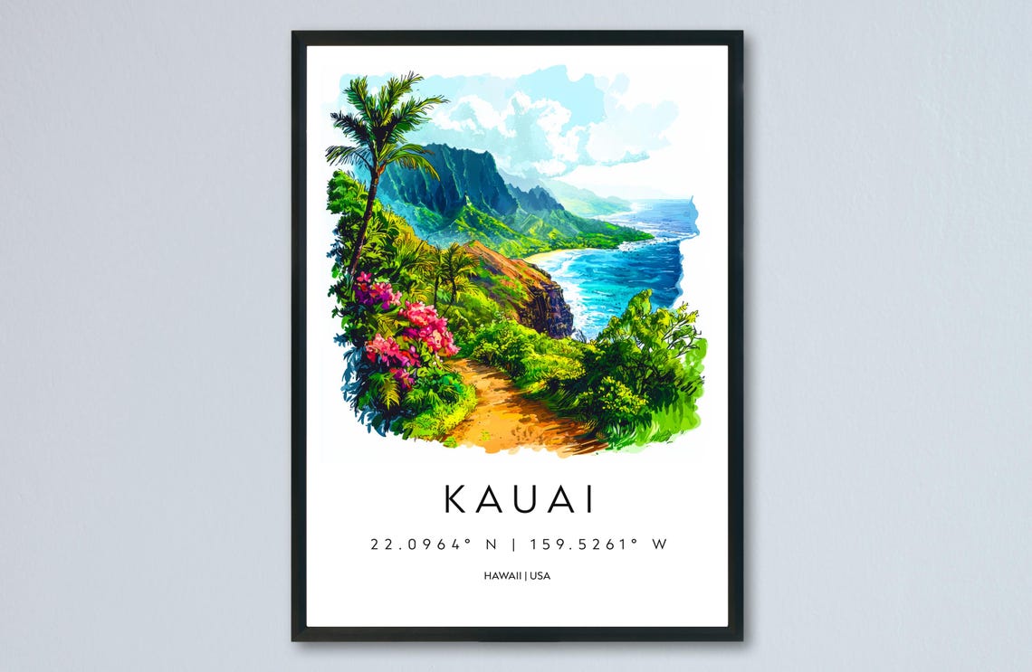 Kauai Hawaii Sea Cliffs Palm Tropical Ocean Watercolor Poster