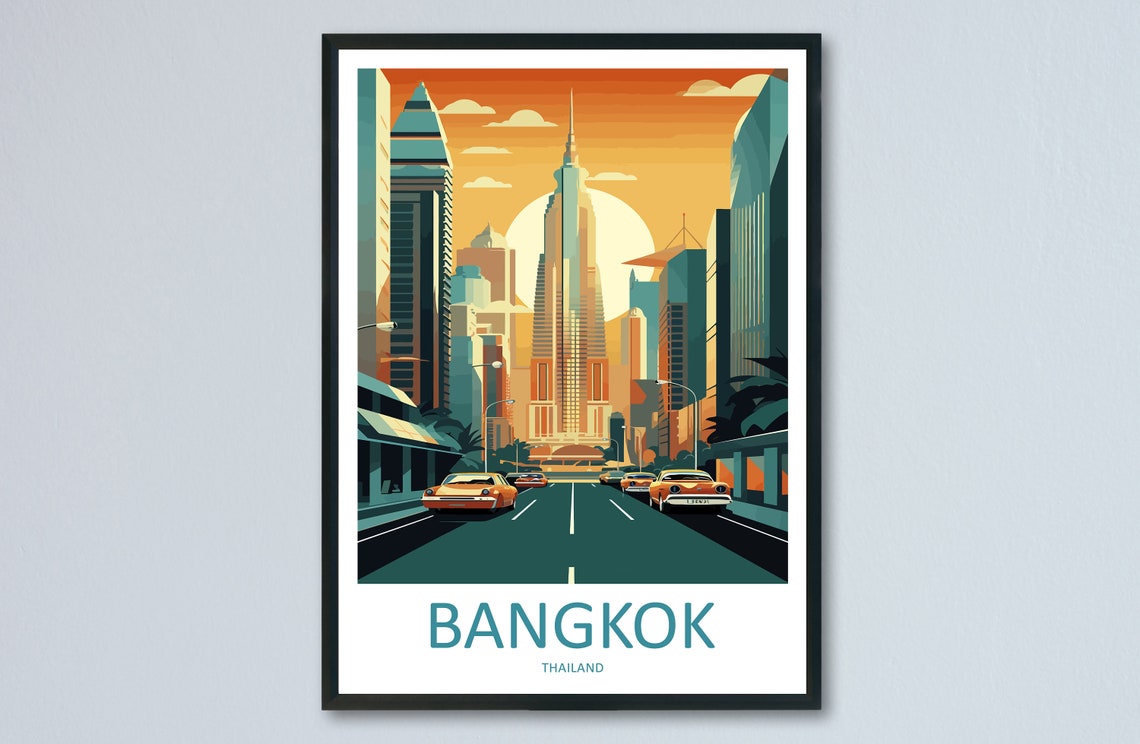 Bangkok Thailand Golden Sunset Travel Poster City Street Scene