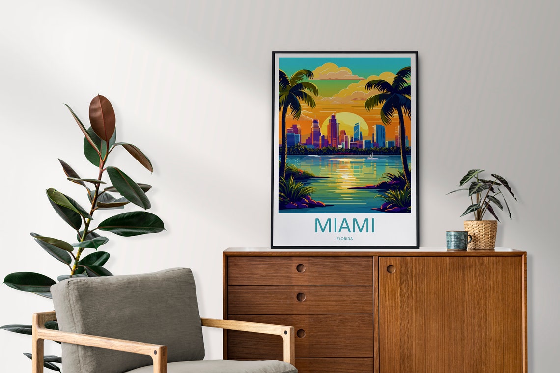 Miami Florida Sunset Skyline Palm Trees Illustrated Travel Poster - Image 2