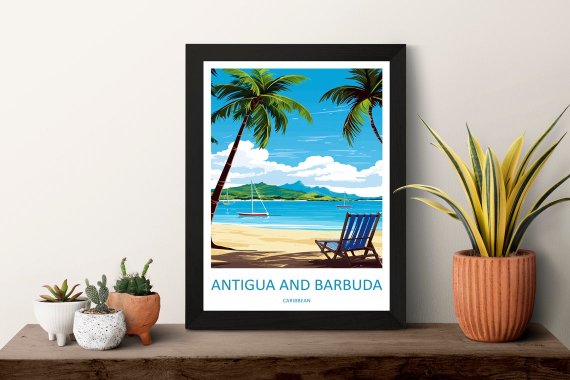Antigua and Barbuda Caribbean Beach with Palms and Deck Chair Poster - Image 3
