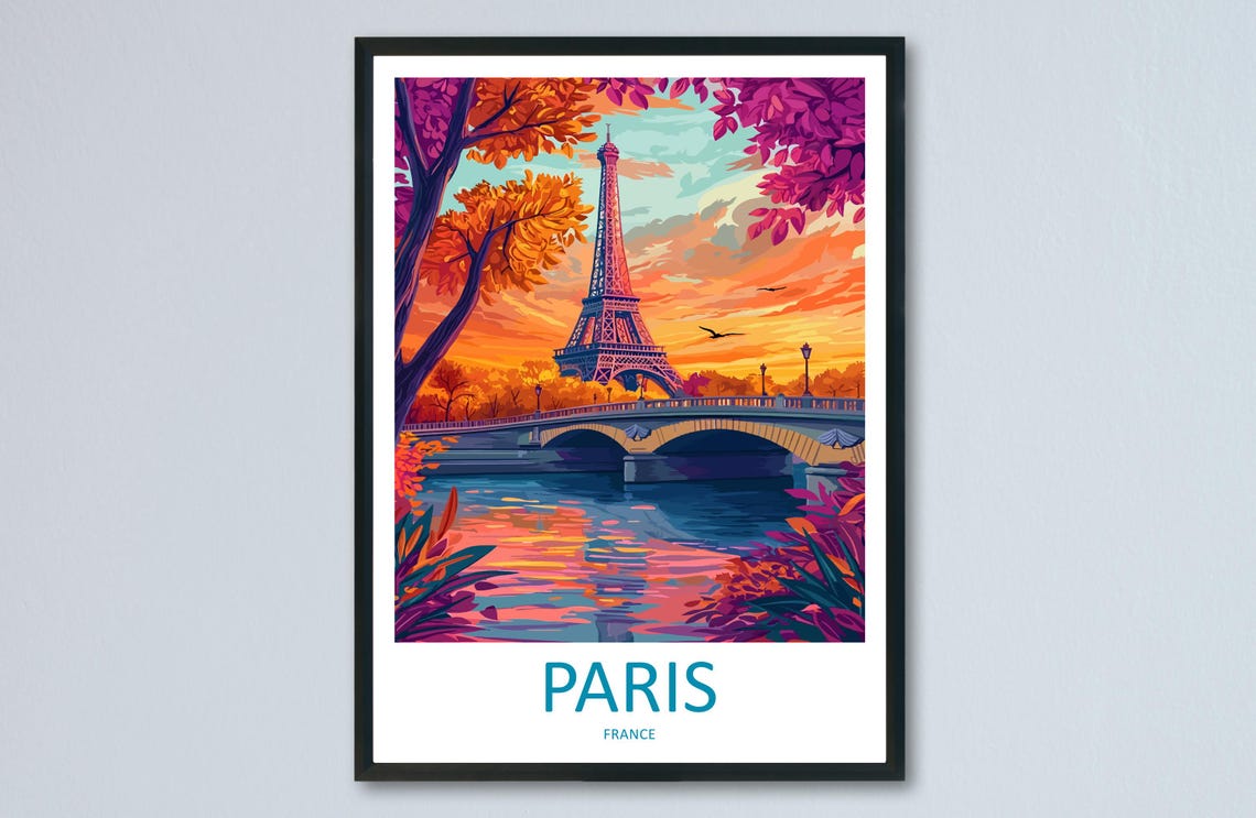 Paris Eiffel Tower Sunset Vintage Style France Travel Poster