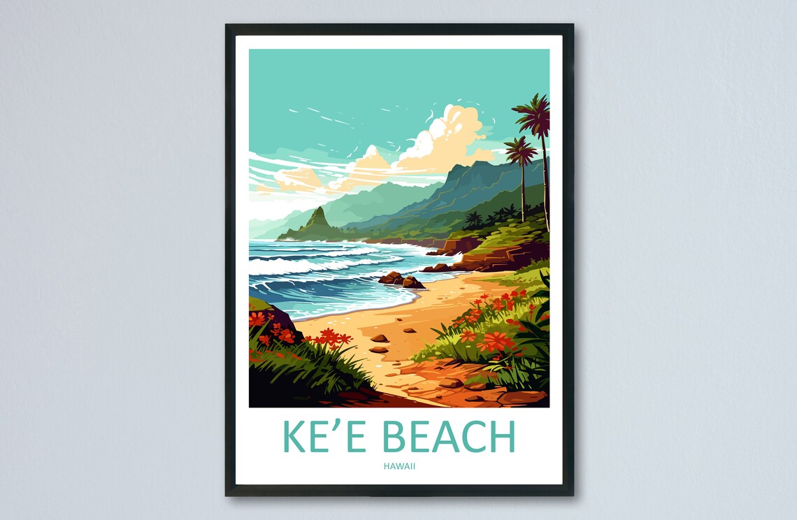 Ke'e Beach Hawaii Golden Sand Waves Mountains Flowers Travel Poster