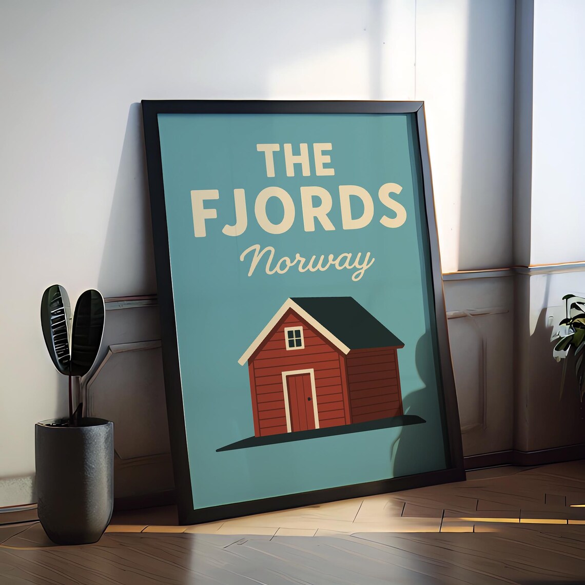 The Fjords Norway Red Cabin Preppy Scandinavian Travel Poster