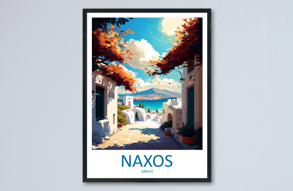 Naxos Greece Whitewashed Alley Aegean Sea View Travel Poster