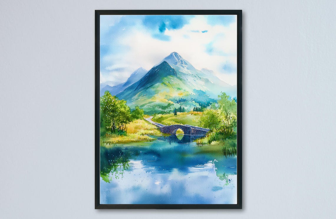Killarney Ireland Mountain Lake Old Stone Bridge Watercolor Poster